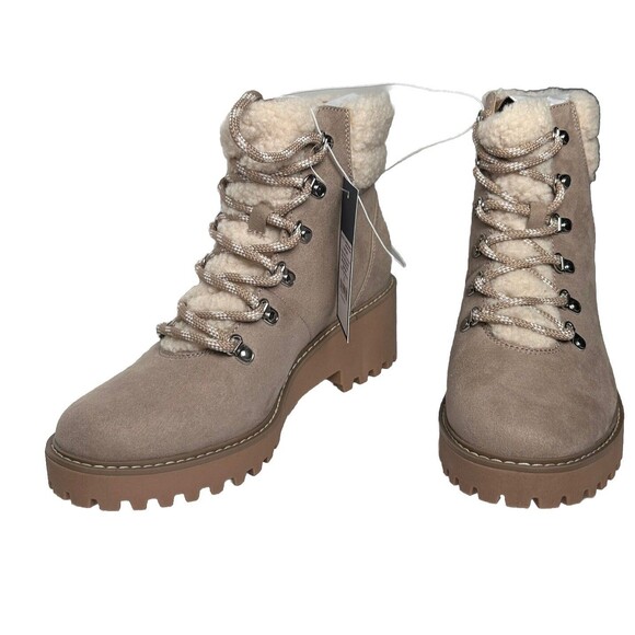 Combat Style Lace Up Boots Taupe Size 9 Sherpa Memory Foam Universal Thread Leah - Picture 2 of 13